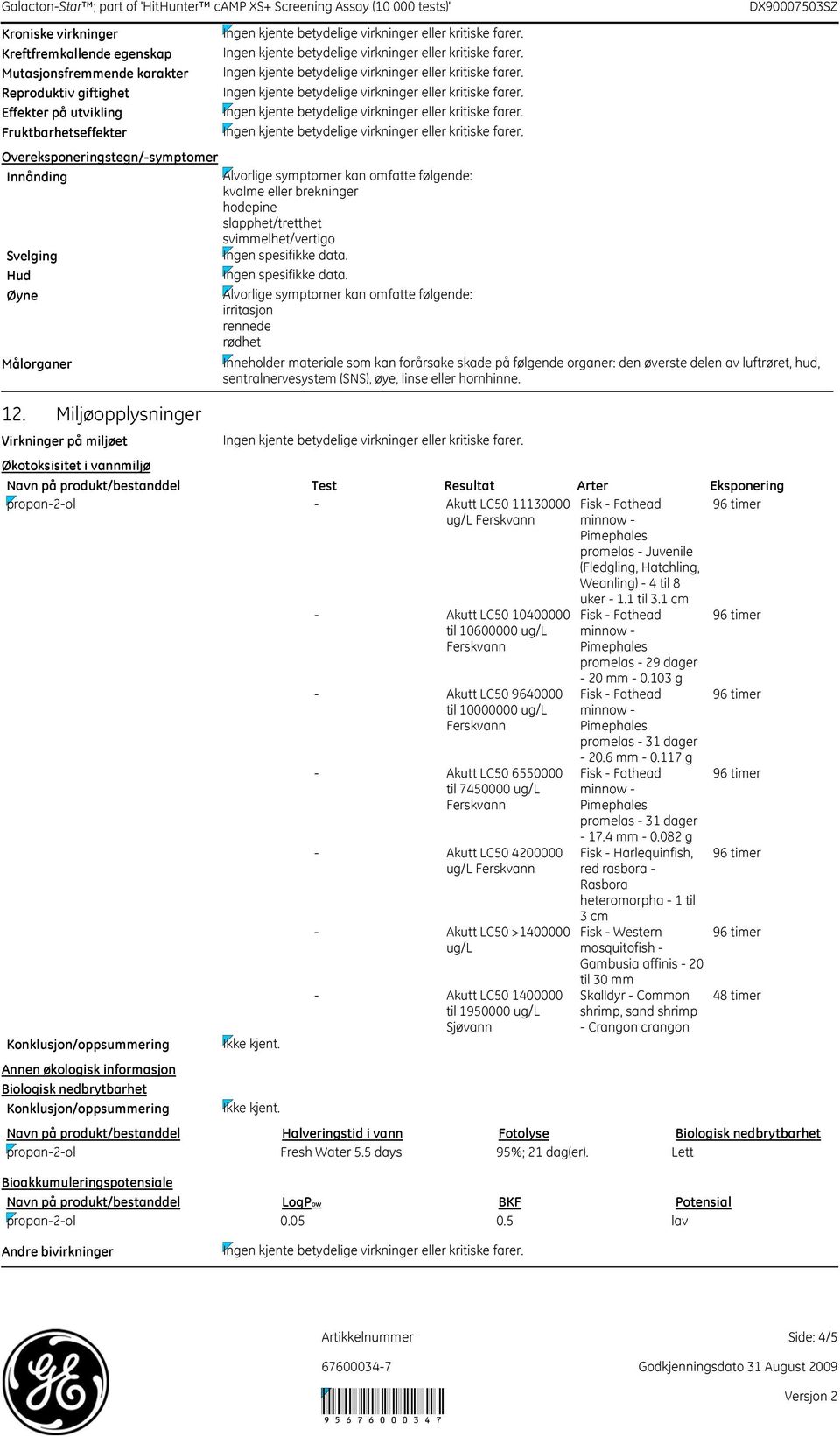 Miljøopplysninger Virkninger på miljøet Annen økologisk informasjon Biologisk nedbrytbarhet Konklusjon/oppsummering Alvorlige symptomer kan omfatte følgende: kvalme eller brekninger hodepine