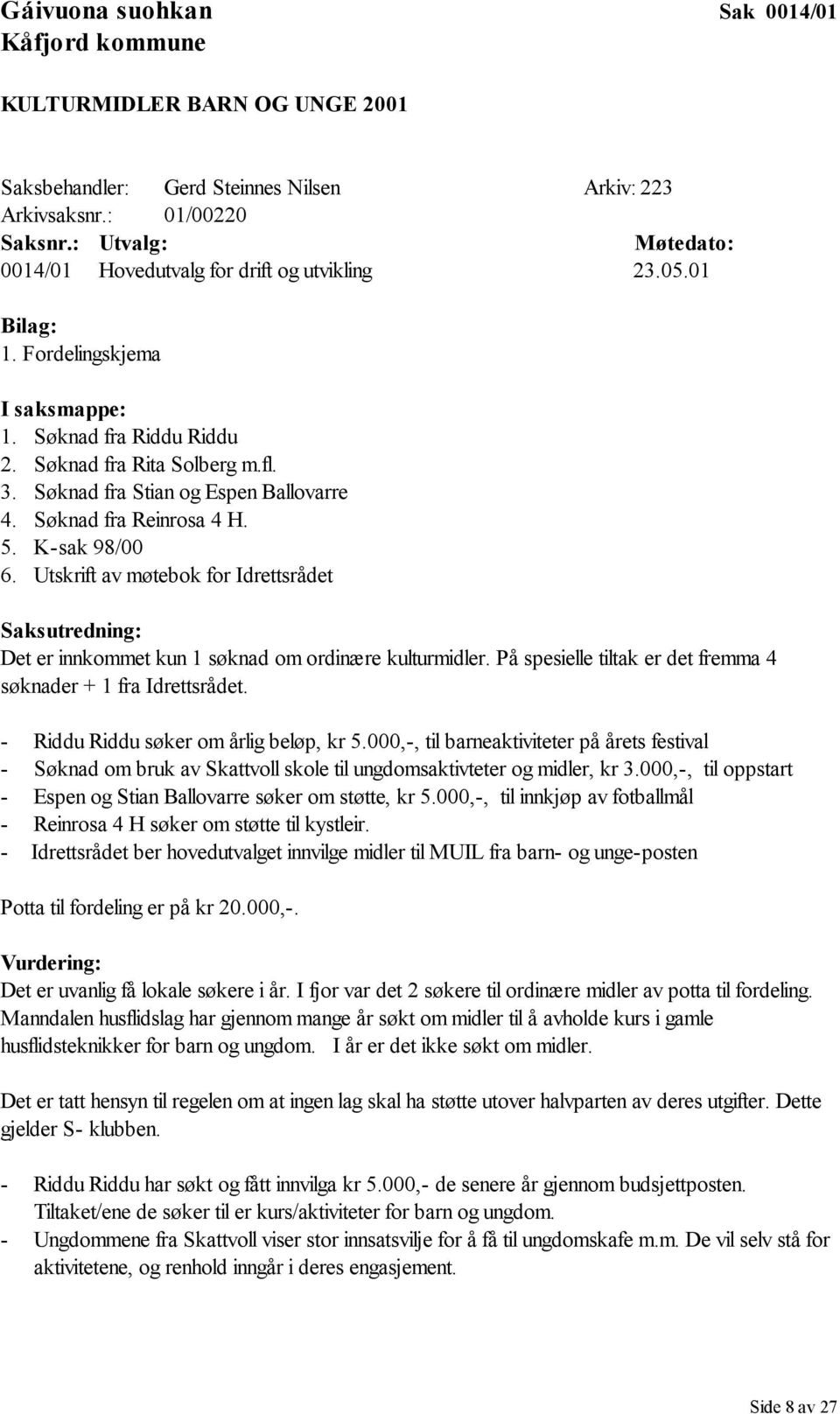 Søknad fra Stian og Espen Ballovarre 4. Søknad fra Reinrosa 4 H. 5. K-sak 98/00 6. Utskrift av møtebok for Idrettsrådet Saksutredning: Det er innkommet kun 1 søknad om ordinære kulturmidler.