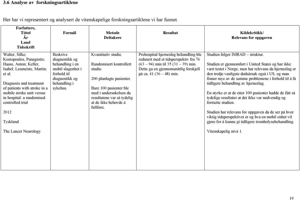 al. Diagnosis and treatment of patients with stroke in a mobile stroke unit versus in hospital: a randomised controlled trial 2012 Tyskland Beskrive diagnostikk og behandling i en mobil slagenhet i