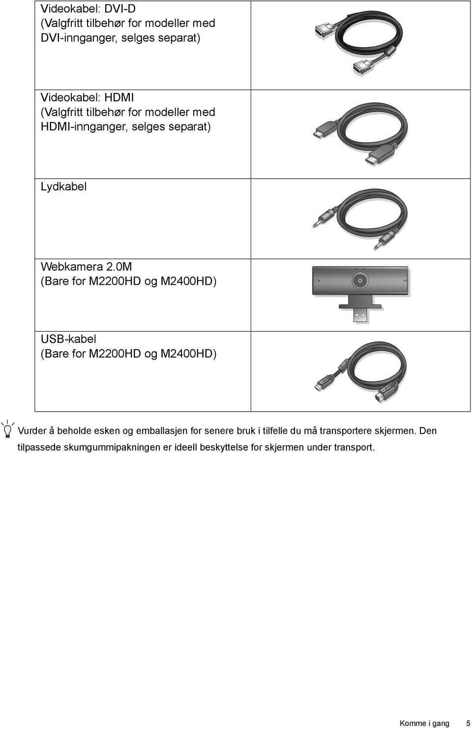 0M (Bare for M2200HD og M2400HD) USB-kabel (Bare for M2200HD og M2400HD) Vurder å beholde esken og emballasjen for