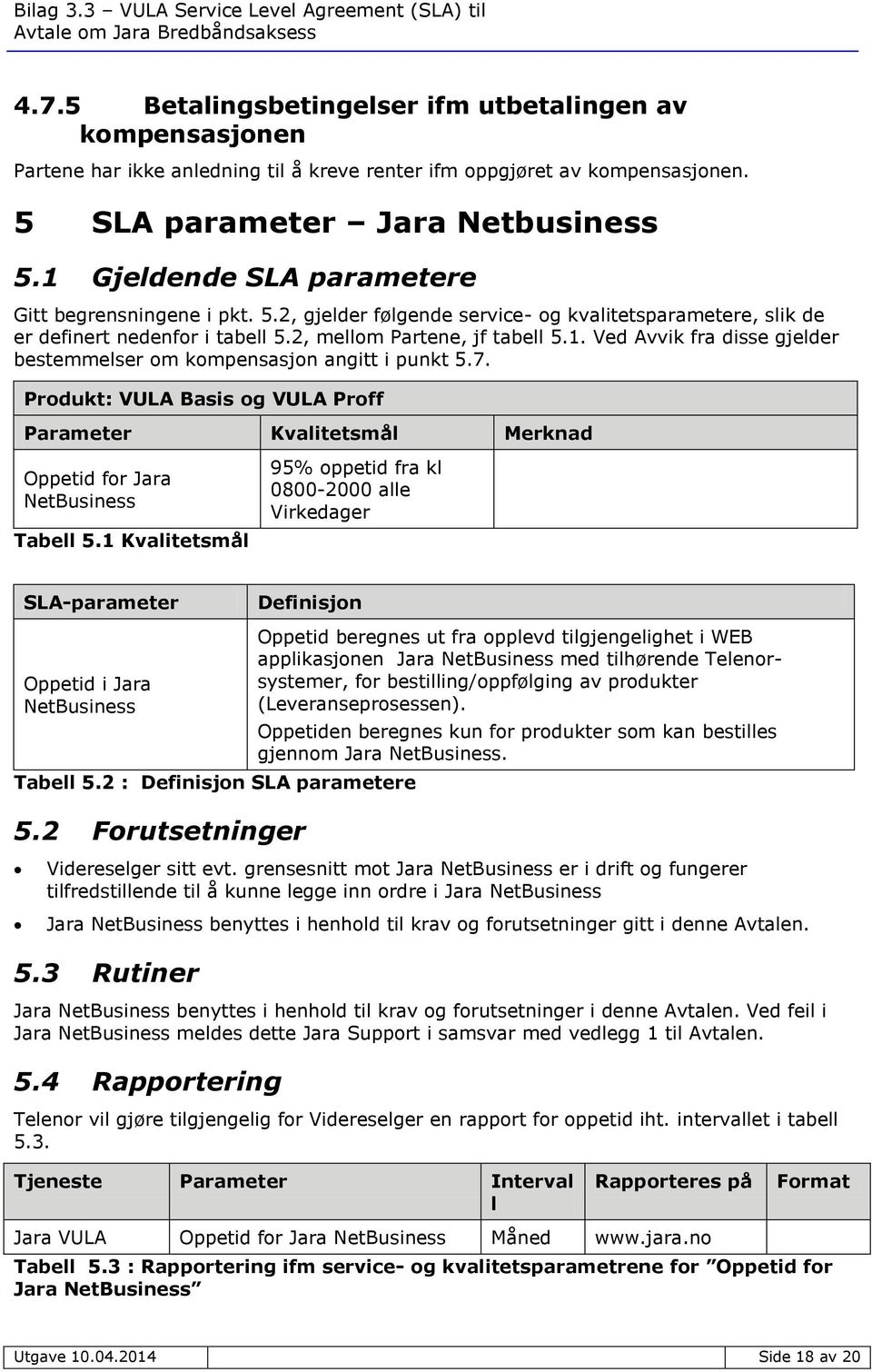 7. Produkt: VULA Basis og VULA Proff Parameter Kvalitetsmål Merknad Oppetid for Jara NetBusiness Tabell 5.