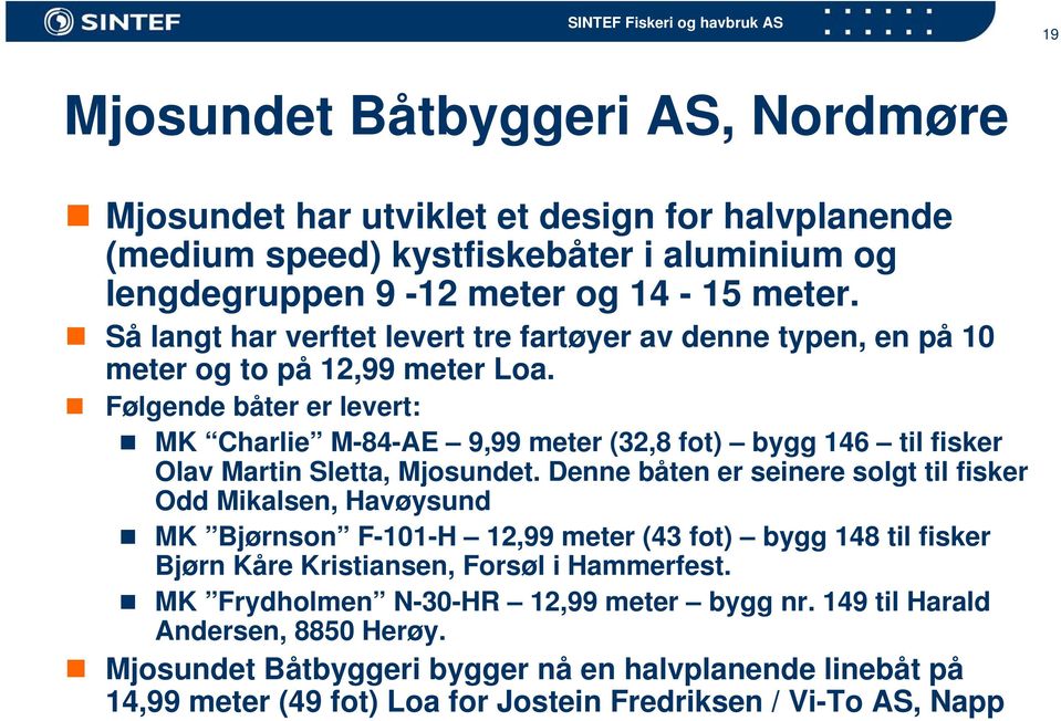 Følgende båter er levert: MK Charlie M-84-AE 9,99 meter (32,8 fot) bygg 146 til fisker Olav Martin Sletta, Mjosundet.