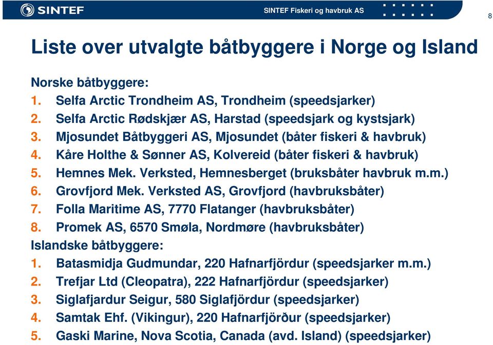 Grovfjord Mek. Verksted AS, Grovfjord (havbruksbåter) 7. Folla Maritime AS, 7770 Flatanger (havbruksbåter) 8. Promek AS, 6570 Smøla, Nordmøre (havbruksbåter) Islandske båtbyggere: 1.