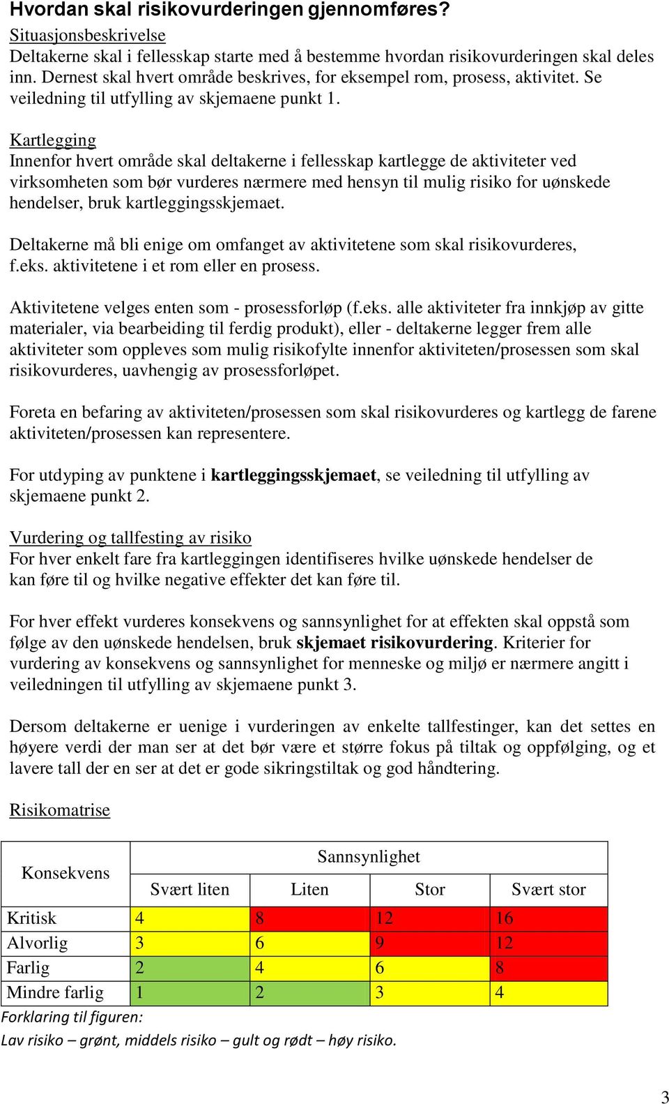 Kartlegging Innenfor hvert område skal deltakerne i fellesskap kartlegge de aktiviteter ved virksomheten som bør vurderes nærmere med hensyn til mulig risiko for uønskede hendelser, bruk