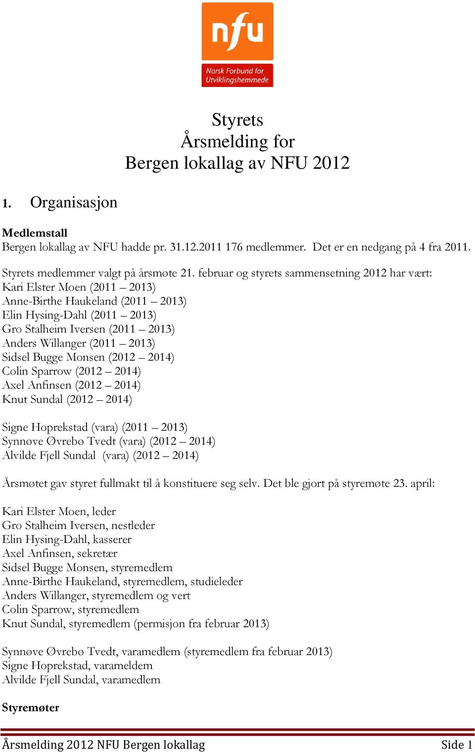 februar og styrets sammensetning 2012 har vært: Kari Elster Moen (2011 2013) Anne-Birthe Haukeland (2011 2013) Elin Hysing-Dahl (2011 2013) Gro Stalheim Iversen (2011 2013) Anders Willanger (2011