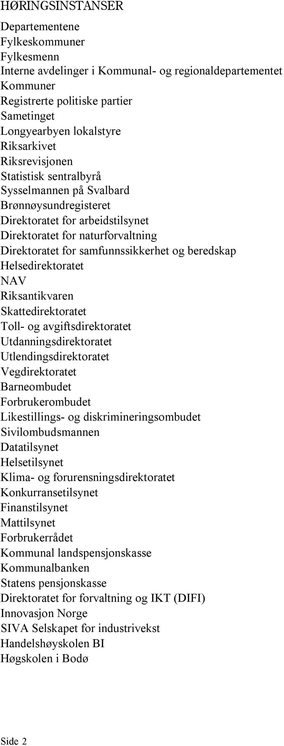 Helsedirektoratet NAV Riksantikvaren Skattedirektoratet Toll- og avgiftsdirektoratet Utdanningsdirektoratet Utlendingsdirektoratet Vegdirektoratet Barneombudet Forbrukerombudet Likestillings- og