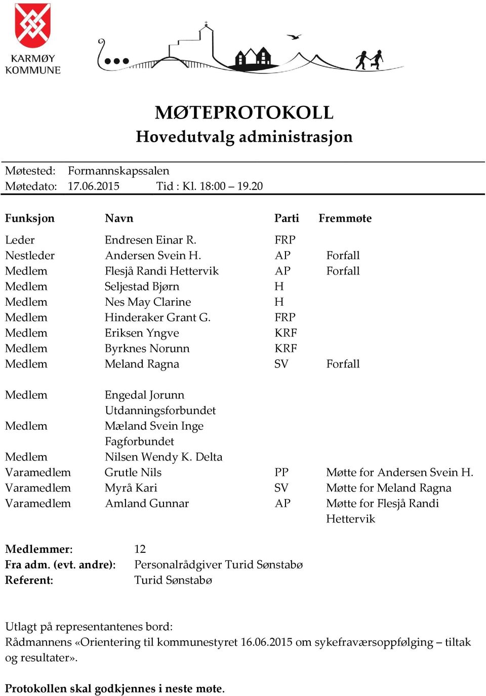 FRP Medlem Eriksen Yngve KRF Medlem Byrknes Norunn KRF Medlem Meland Ragna SV Forfall Medlem Engedal Jorunn Utdanningsforbundet Medlem Mæland Svein Inge Fagforbundet Medlem Nilsen Wendy K.