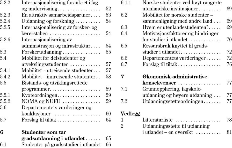 ..... 69 lærerstaben.................... 54 6.4 Motivasjonsfaktorer og hindringer 5.2.6 Internasjonalisering av for studier i utlandet............. 70 administrasjon og infrastruktur.... 54 6.5 Ressursbruk knyttet til grads 5.