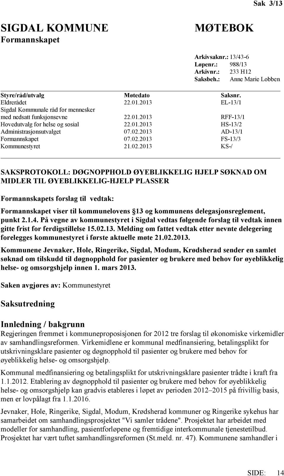 2013 AD-13/1 Formannskapet 07.02.