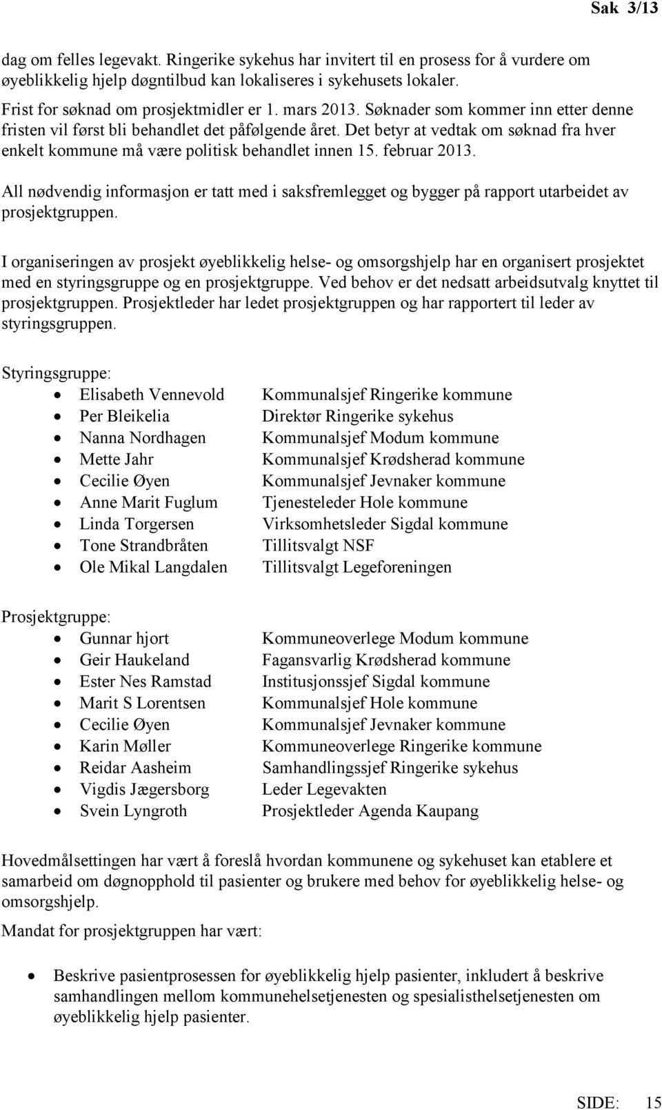 februar 2013. All nødvendig informasjon er tatt med i saksfremlegget og bygger på rapport utarbeidet av prosjektgruppen.