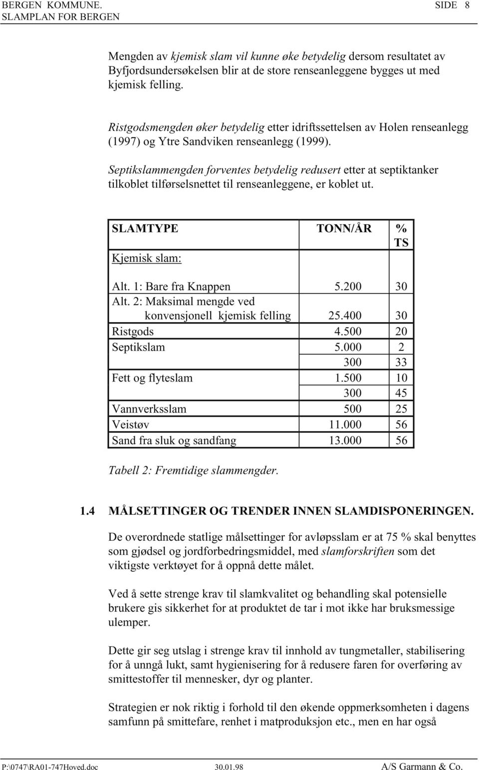 Septikslammengden forventes betydelig redusert etter at septiktanker tilkoblet tilførselsnettet til renseanleggene, er koblet ut. SLAMTYPE TONN/ÅR % TS Kjemisk slam: Alt. 1: Bare fra Knappen 5.