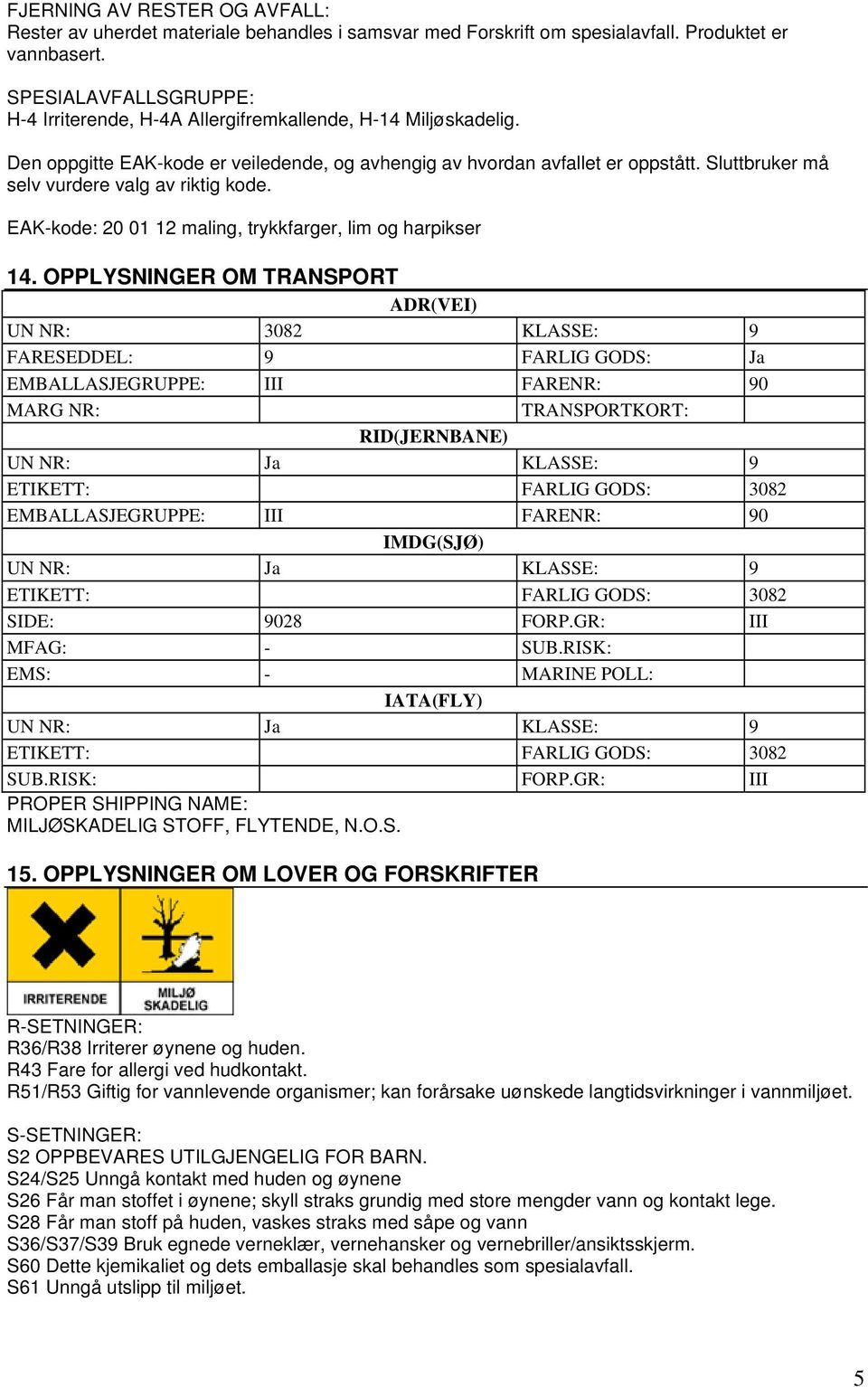 Sluttbruker må selv vurdere valg av riktig kode. EAK-kode: 20 01 12 maling, trykkfarger, lim og harpikser 14.