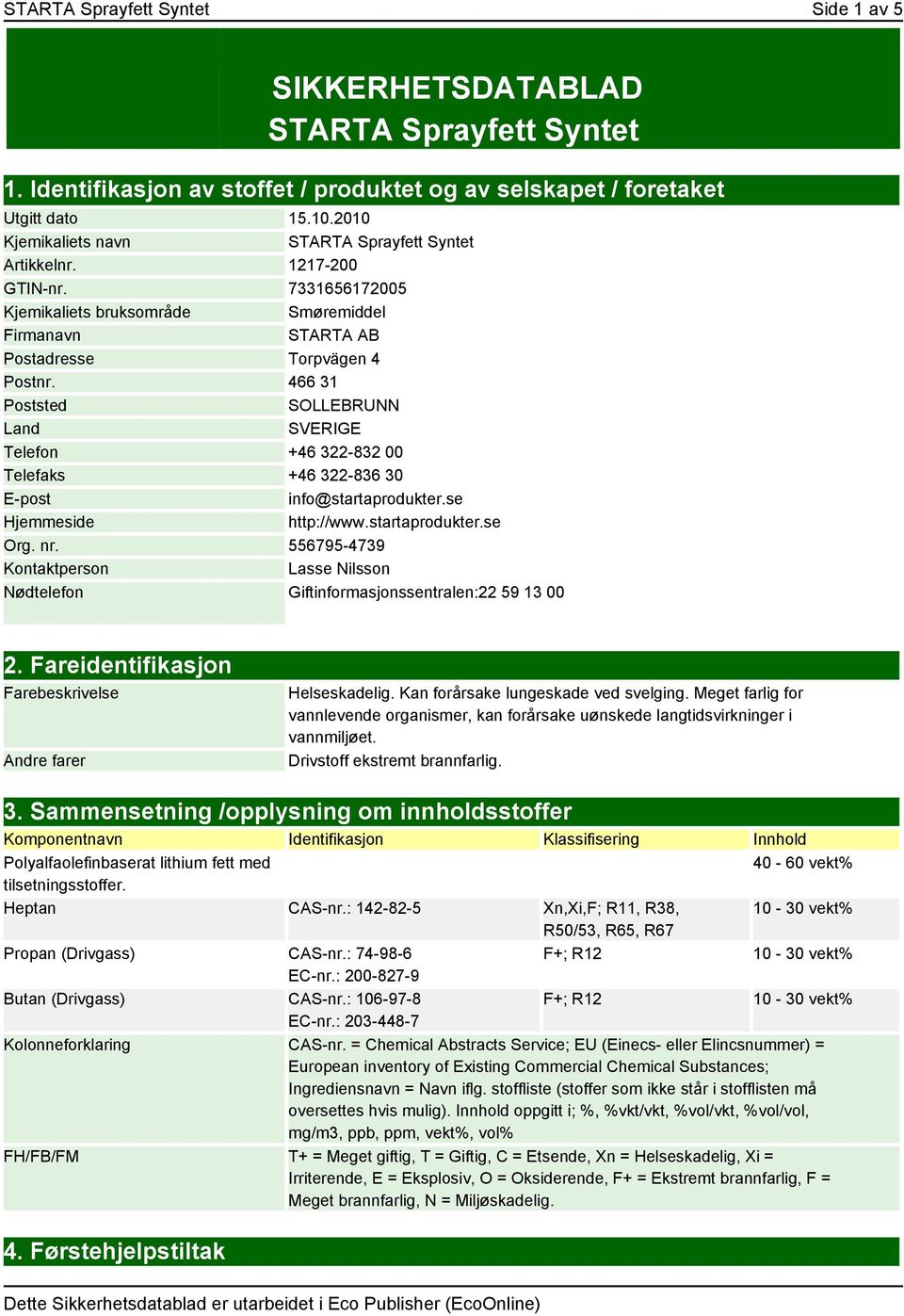 466 31 Poststed SOLLEBRUNN Land SVERIGE Telefon +46 322-832 00 Telefaks +46 322-836 30 E-post info@startaprodukter.se Hjemmeside http://www.startaprodukter.se Org. nr.