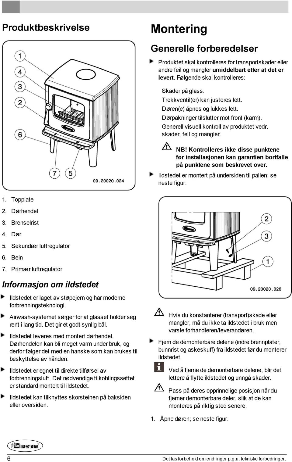 skader, feil og mangler. NB! Kontrolleres ikke disse punktene før installasjonen kan garantien bortfalle på punktene som beskrevet over. Ildstedet er montert på undersiden til pallen; se neste figur.