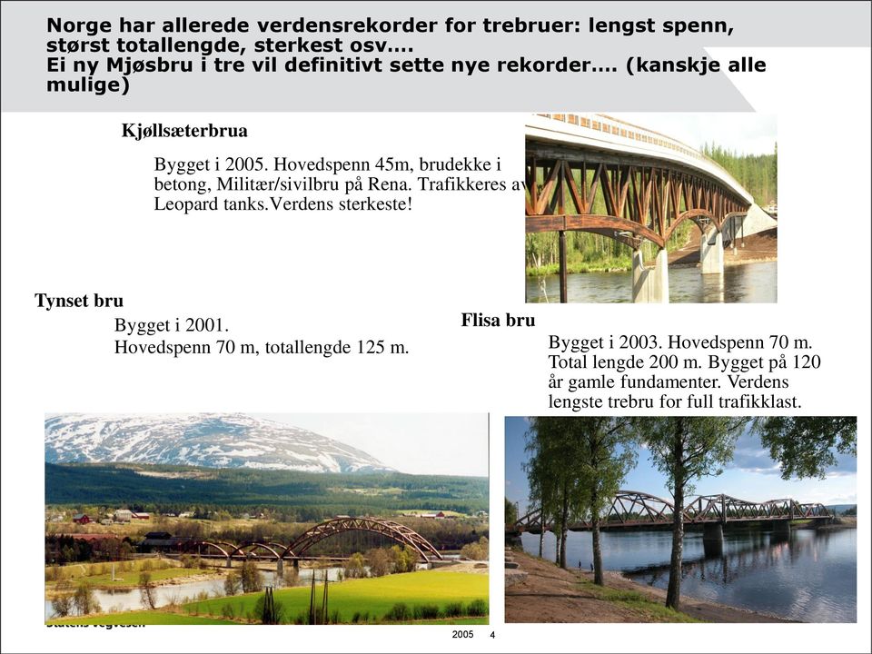 Hovedspenn 45m, brudekke i betong, Militær/sivilbru på Rena. Trafikkeres av Leopard tanks.verdens sterkeste!