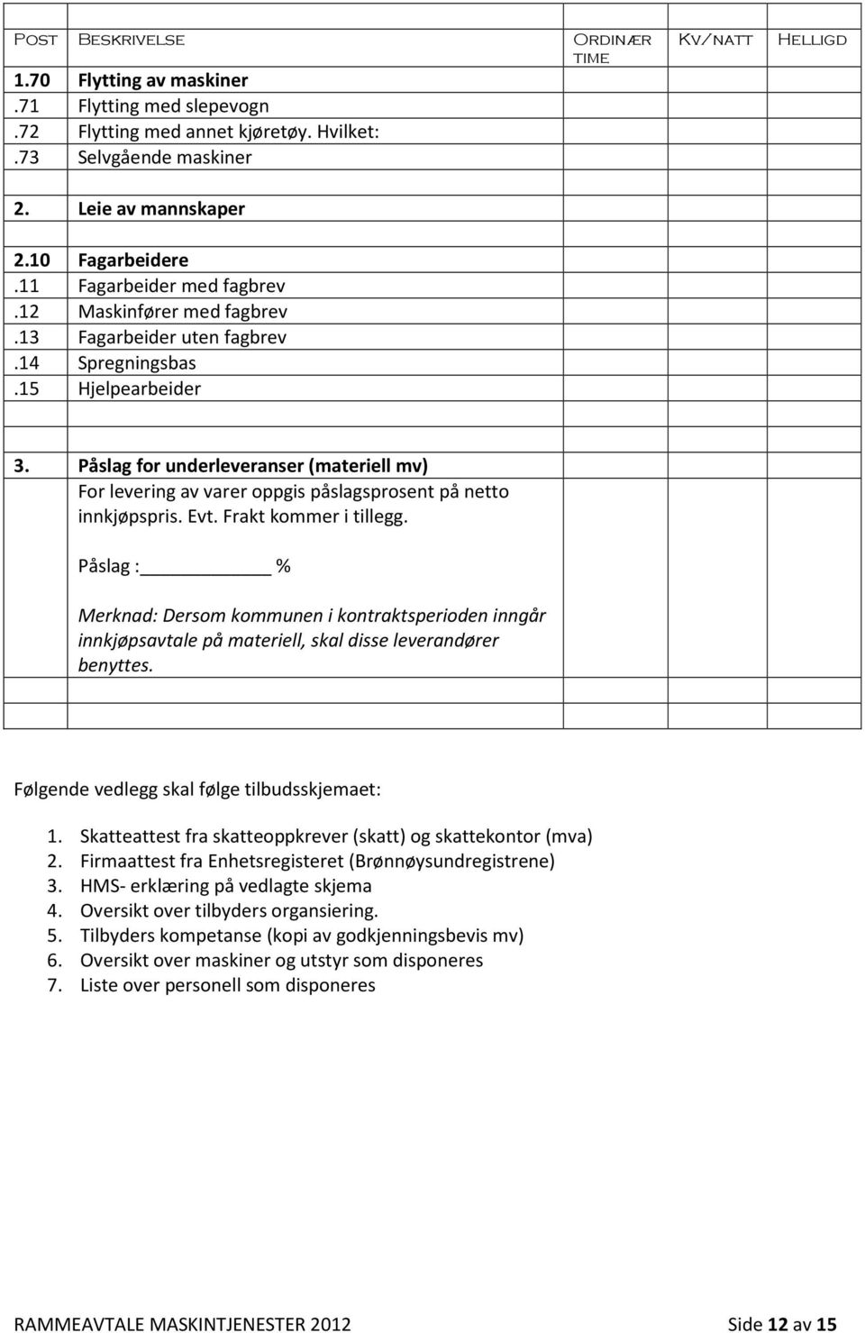 Påslag for underleveranser (materiell mv) For levering av varer oppgis påslagsprosent på netto innkjøpspris. Evt. Frakt kommer i tillegg.