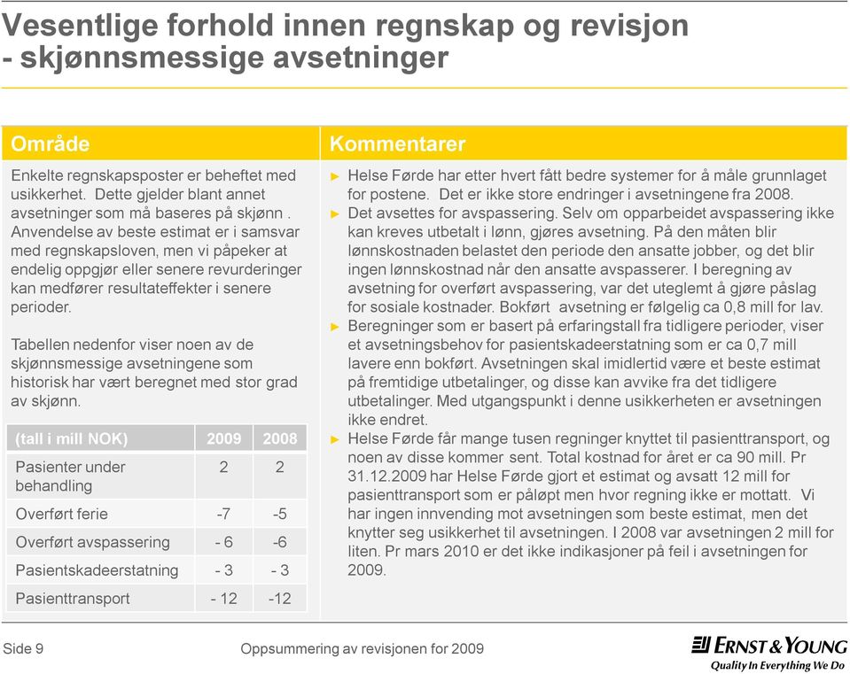 Tabellen nedenfor viser noen av de skjønnsmessige avsetningene som historisk har vært beregnet med stor grad av skjønn.