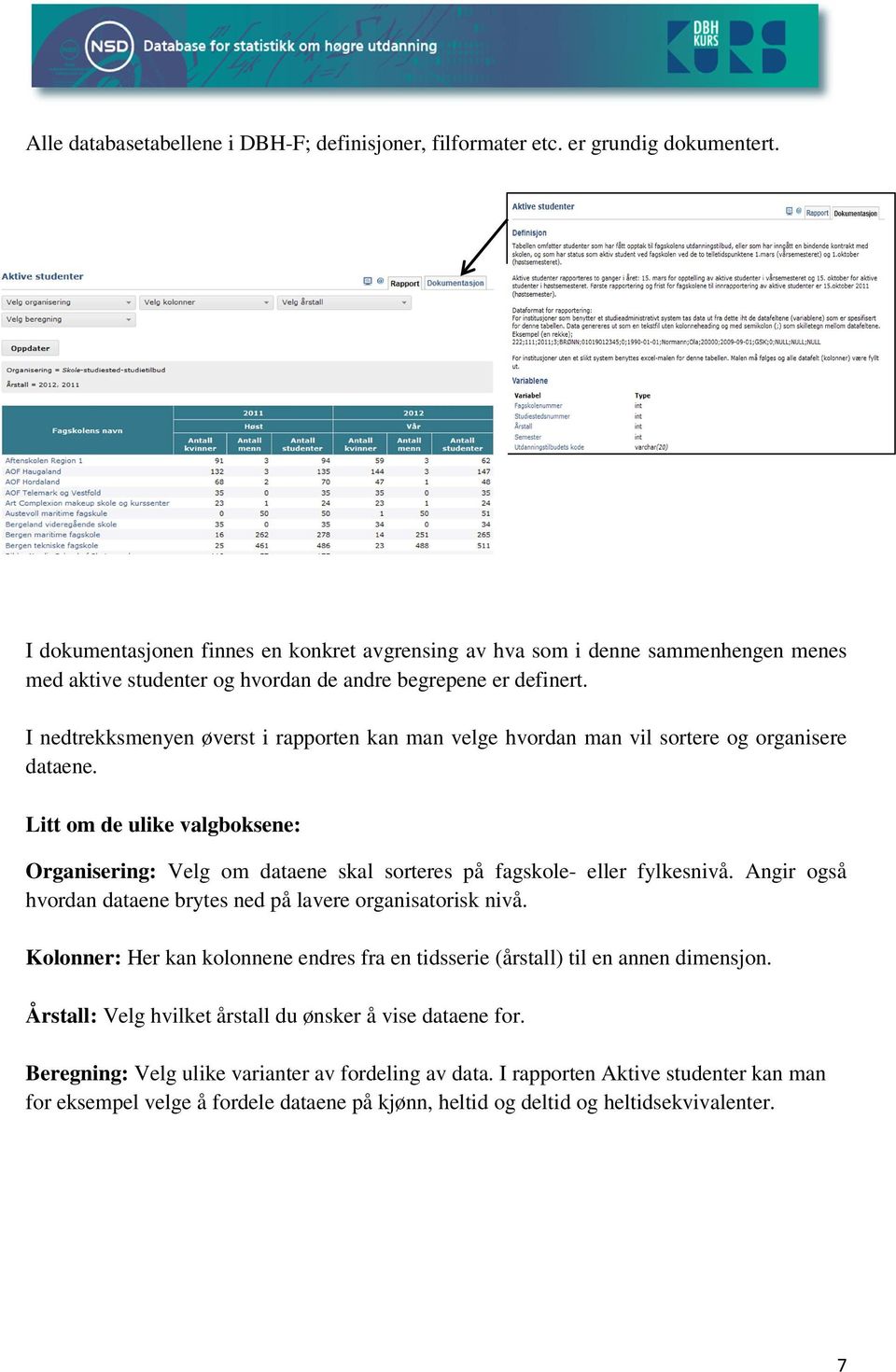 I nedtrekksmenyen øverst i rapporten kan man velge hvordan man vil sortere og organisere dataene.