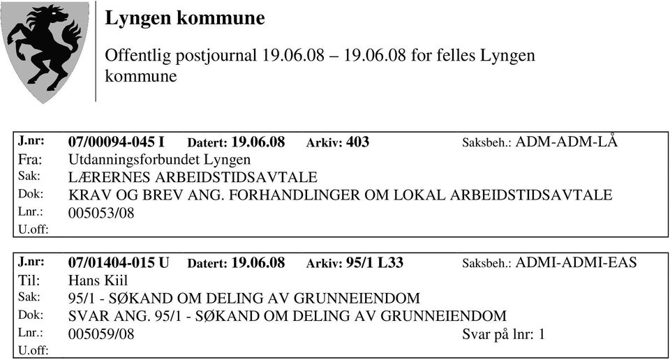 FORHANDLINGER OM LOKAL ARBEIDSTIDSAVTALE Lnr.: 005053/08 J.nr: 07/01404-015 U Datert: 19.06.