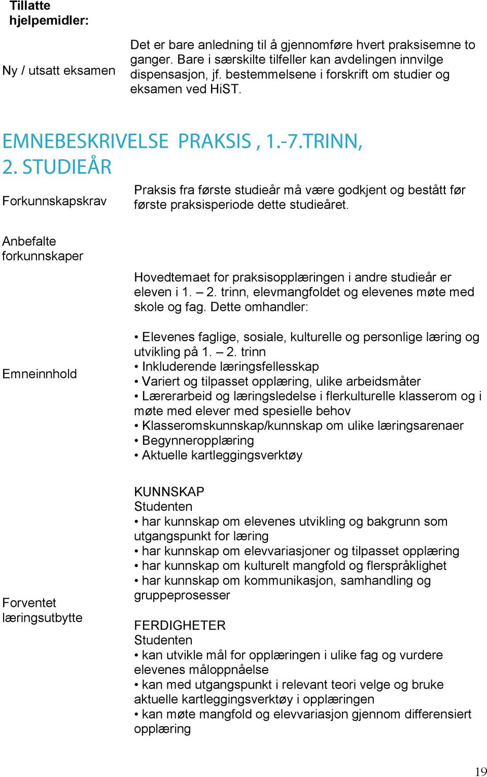 STUDIEÅR Forkunnskapskrav Praksis fra første studieår må være godkjent og bestått før første praksisperiode dette studieåret.