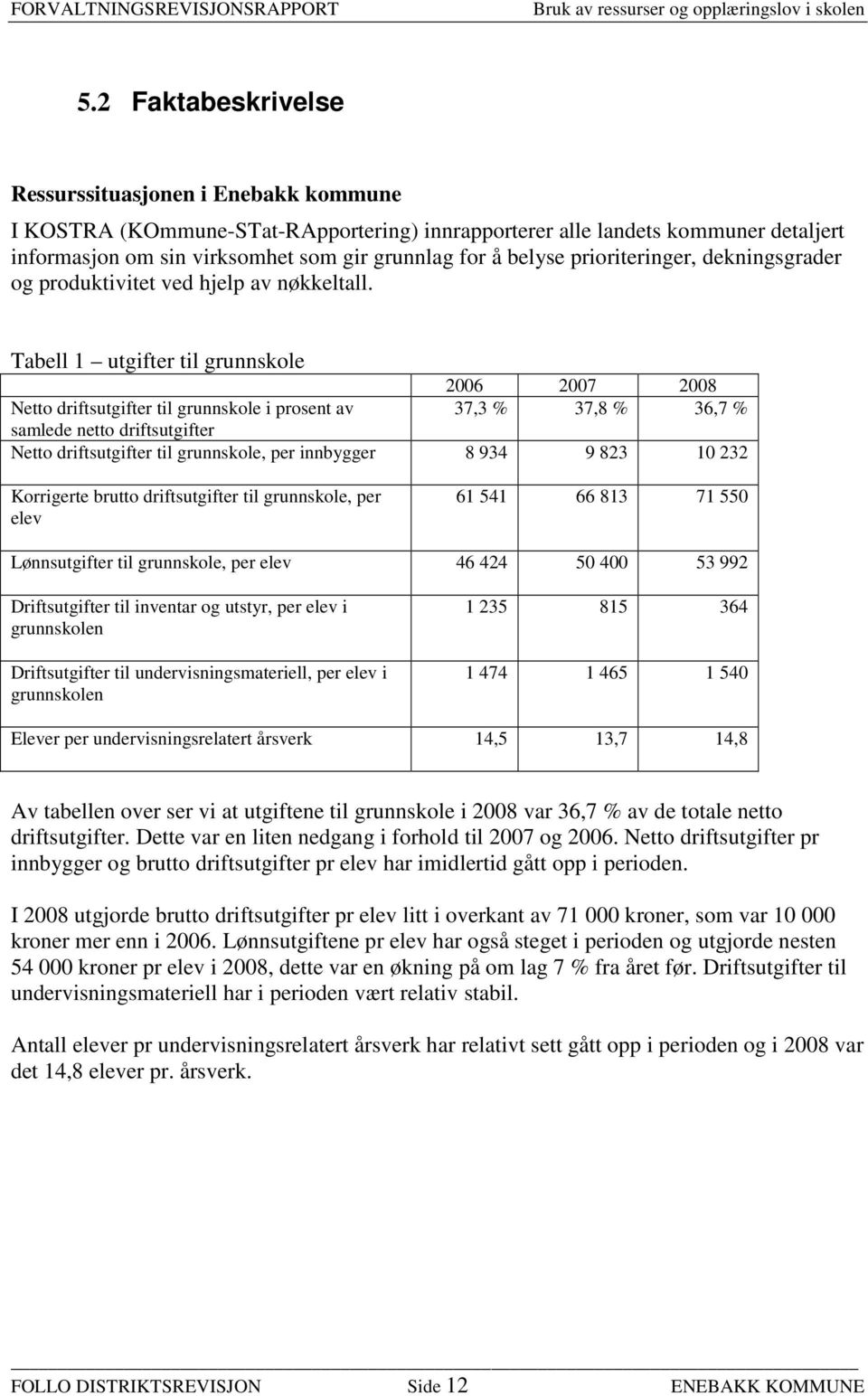 Tabell 1 utgifter til grunnskole 2006 2007 2008 Netto driftsutgifter til grunnskole i prosent av 37,3 % 37,8 % 36,7 % samlede netto driftsutgifter Netto driftsutgifter til grunnskole, per innbygger 8