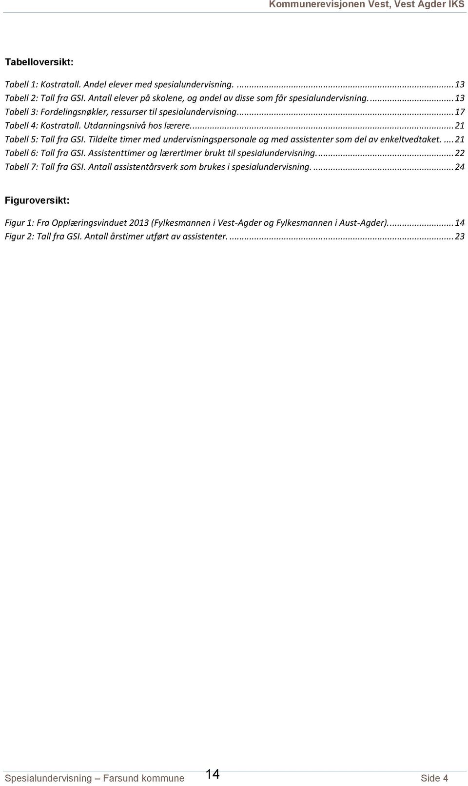 Tildelte timer med undervisningspersonale og med assistenter som del av enkeltvedtaket.... 21 Tabell 6: Tall fra GSI. Assistenttimer og lærertimer brukt til spesialundervisning.