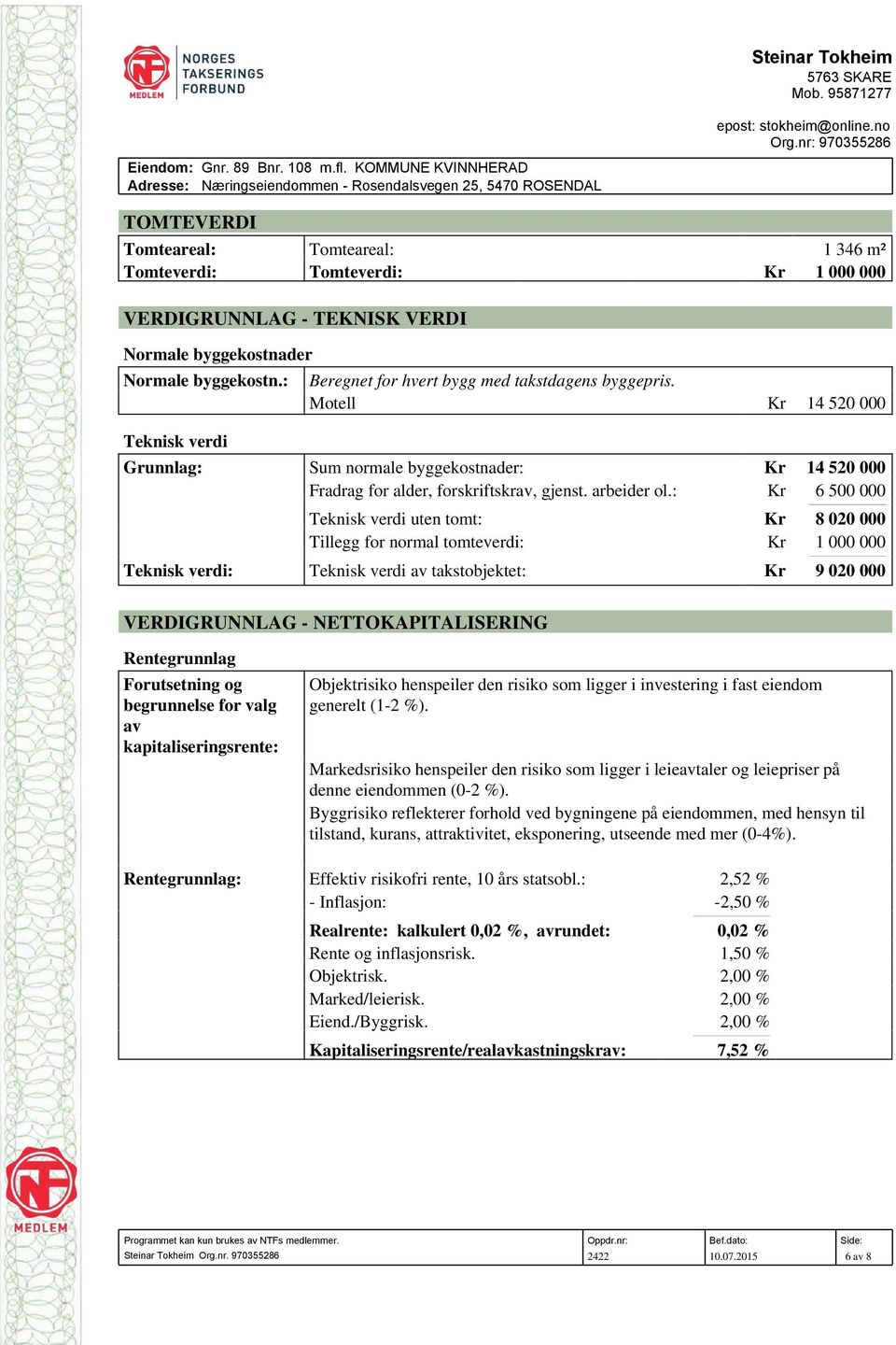 Normale byggekostn.: Beregnet for hvert bygg med takstdagens byggepris.