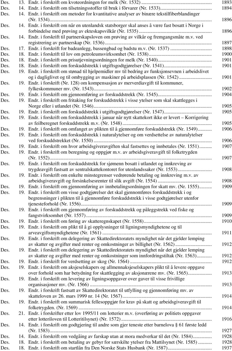 v. ved registrering av partnerskap (Nr. 1536)... 1897 Des. 17. Endr. i forskrift for badeanlegg, bassengbad og badstu m.v. (Nr. 1537)... 1898 Des. 18. Endr. i forskrift til lov om petroleumsvirksomhet (Nr.