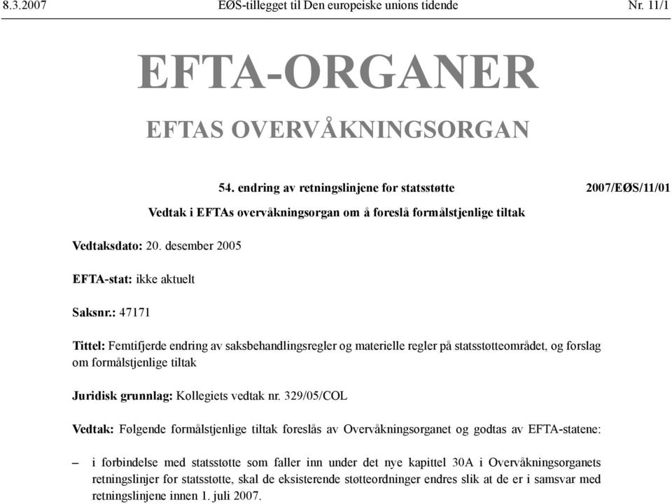 : 47171 Tittel: Femtifjerde endring av saksbehandlingsregler og materielle regler på statsstøtteområdet, og forslag om formålstjenlige tiltak Juridisk grunnlag: Kollegiets vedtak nr.