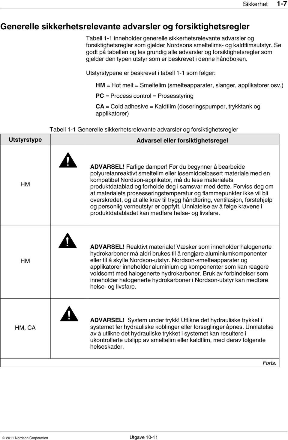 Utstyrstypene er beskrevet i tabell 1 1 som følger: HM = Hot melt = Smeltelim (smelteapparater, slanger, applikatorer osv.