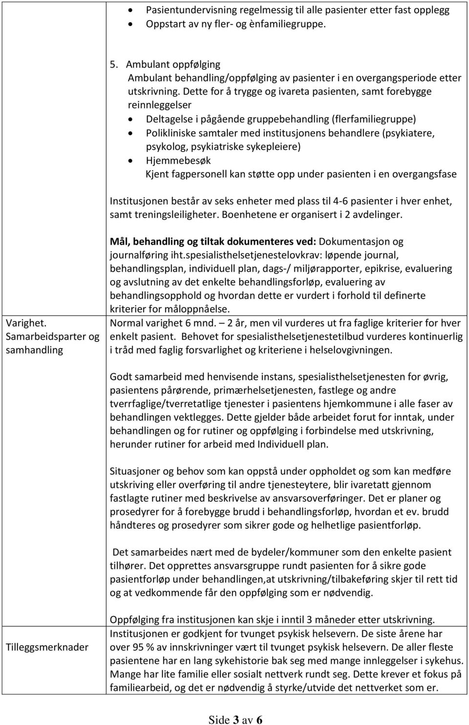 Dette for å trygge og ivareta pasienten, samt forebygge reinnleggelser Deltagelse i pågående gruppebehandling (flerfamiliegruppe) Polikliniske samtaler med institusjonens behandlere (psykiatere,