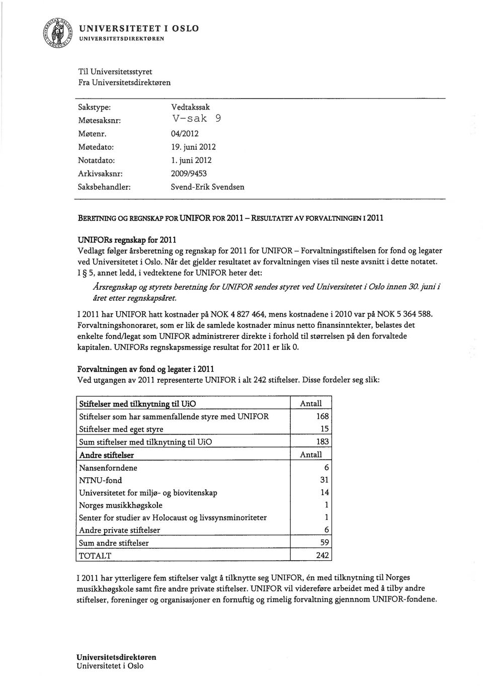 og regnskap for 2011 for UNIFOR Forvaltningsstiftelsen for fond og legater ved Universitetet i Oslo. Når det gjelder resultatet av forvaltningen vises til neste avsnitt i dette notatet.