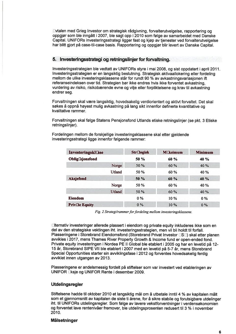 In gs~trate~i çg retnmgsjinjer for fjrvaitnlng~ Investeringsstrategien ble vedtatt av UNIFORs styre i mai 2008, og sist oppdatert i april 2011. lnvesteringsstrategien er en langsiktig beslutning.