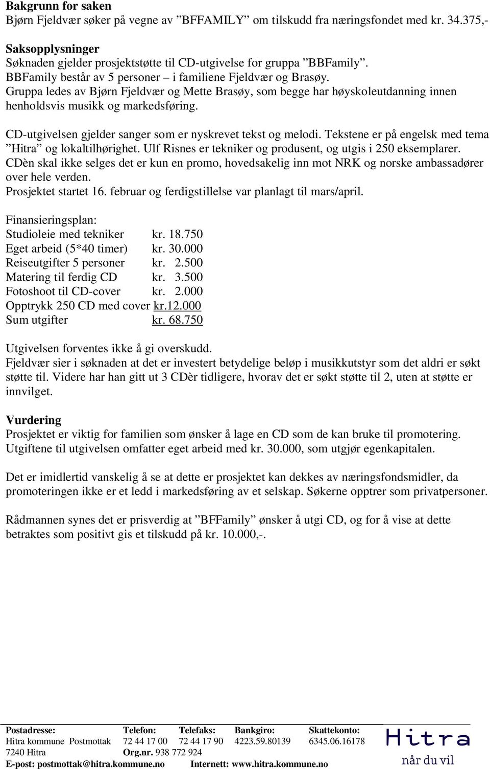 CD-utgivelsen gjelder sanger som er nyskrevet tekst og melodi. Tekstene er på engelsk med tema Hitra og lokaltilhørighet. Ulf Risnes er tekniker og produsent, og utgis i 250 eksemplarer.