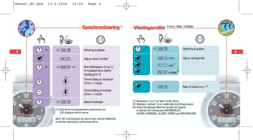 framgangsmåten synkroniserer du LCD-displayet med urviserne. Merk: Når LCD-displayet og viserne angir samme klokkeslett, er det ikke nødvendig å synkronisere de to.