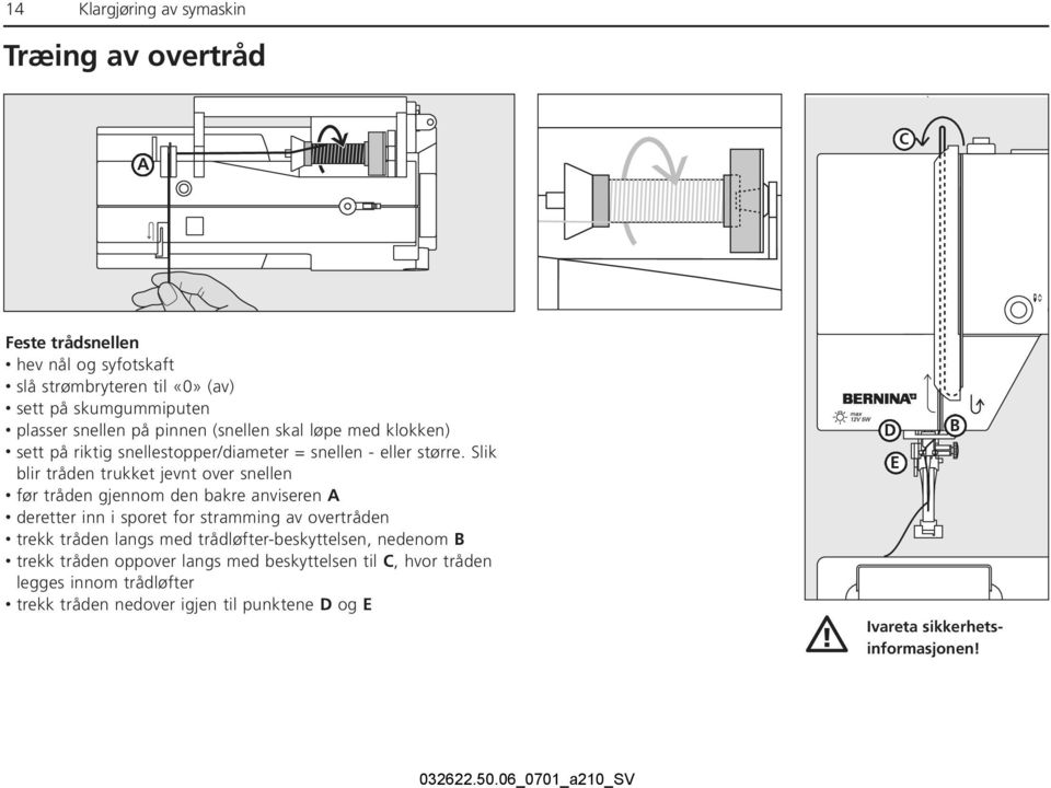 Slik blir tråden trukket jevnt over snellen før tråden gjennom den bakre anviseren A deretter inn i sporet for stramming av overtråden trekk tråden langs med