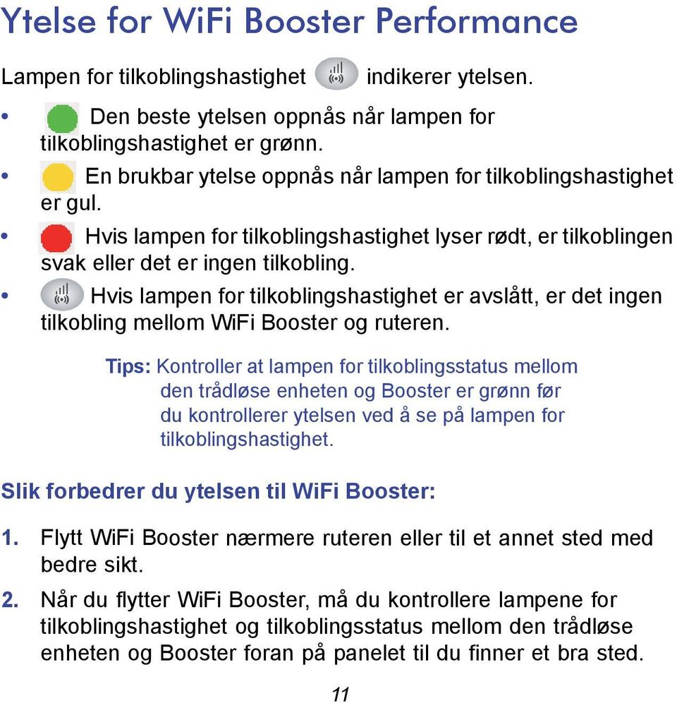 Hvis lampen for tilkoblingshastighet er avslått, er det ingen tilkobling mellom WiFi Booster og ruteren.