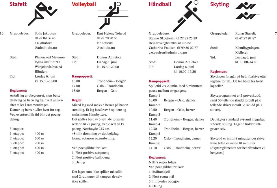 00 Antall lag er ubegrenset, men beste damelag og herrelag fra hvert universitet teller i sammendraget. Damer og herrer teller hver for seg. Ved eventuell lik tid blir det poengdeling. 5 etapper: 1.