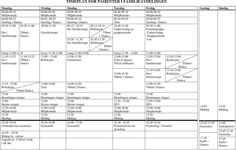 00 Fritidsaktivitet skolebarn 16.30 18.30 Riding for voksne Fagkafe kl. 17.00 til 18.00 i lik uke 12.00 13.00 14.00 16.30-18.00 Gymsaltid 13.00-13.50 14.00-13.00 13.00 16.00-17.50 Gymsaltid 12.00-13.00 Fylle ut skjema Tid til refleksjon 13.