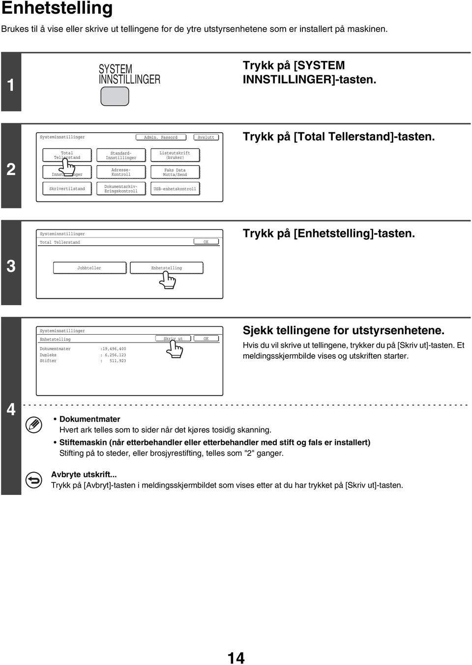 2 Total Tellerstand Skuff- Standard- Adresse- Kontroll Listeutskrift (bruker) Faks Data Motta/Send Skrivertilstand Dokumentarkiv- Eringskontroll USB-enhetskontroll Total Tellerstand Trykk på