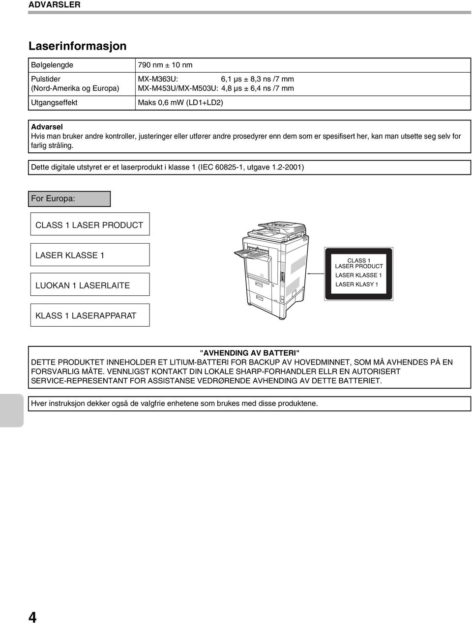 Dette digitale utstyret er et laserprodukt i klasse 1 (IEC 60825-1, utgave 1.