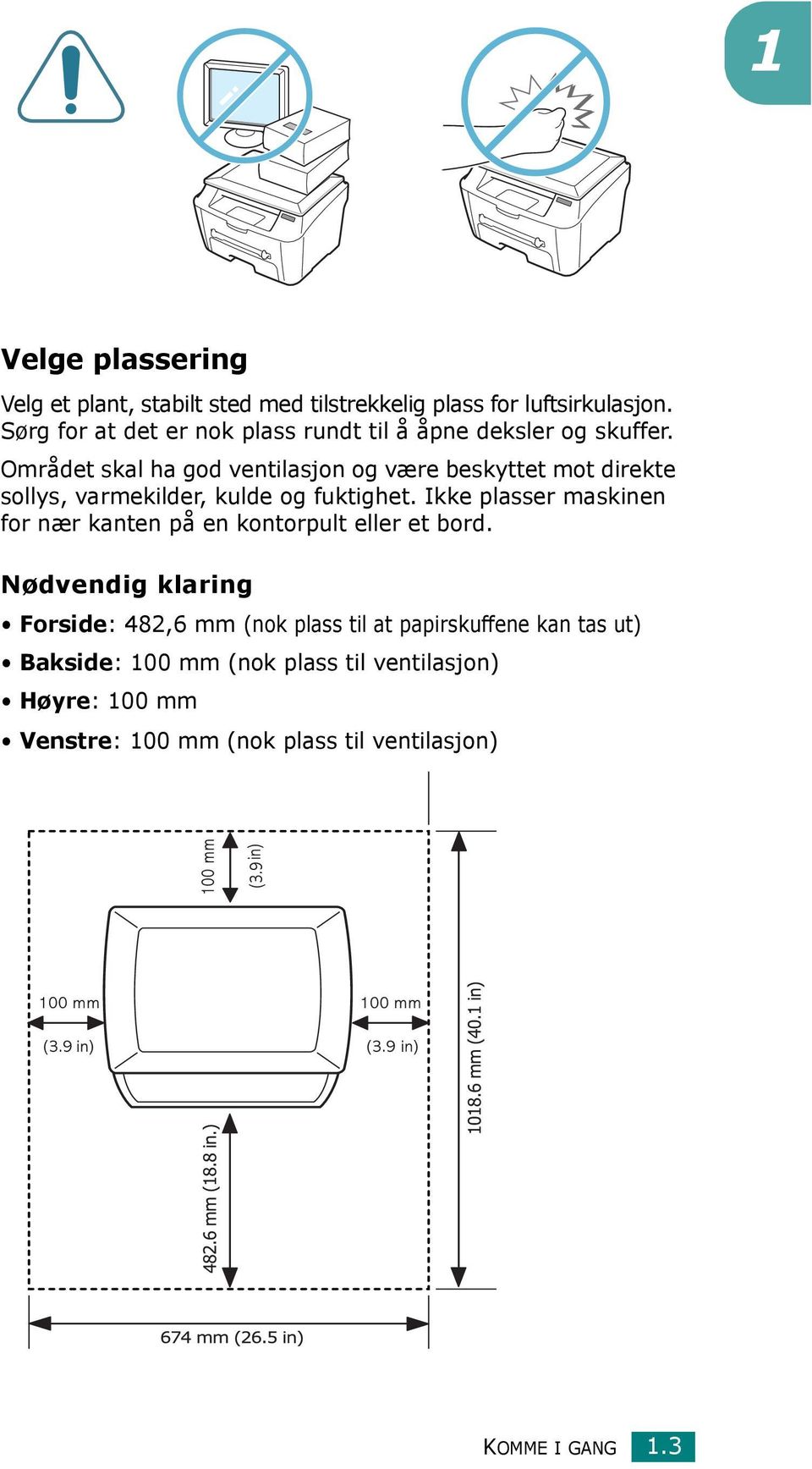 Området skal ha god ventilasjon og være beskyttet mot direkte sollys, varmekilder, kulde og fuktighet.