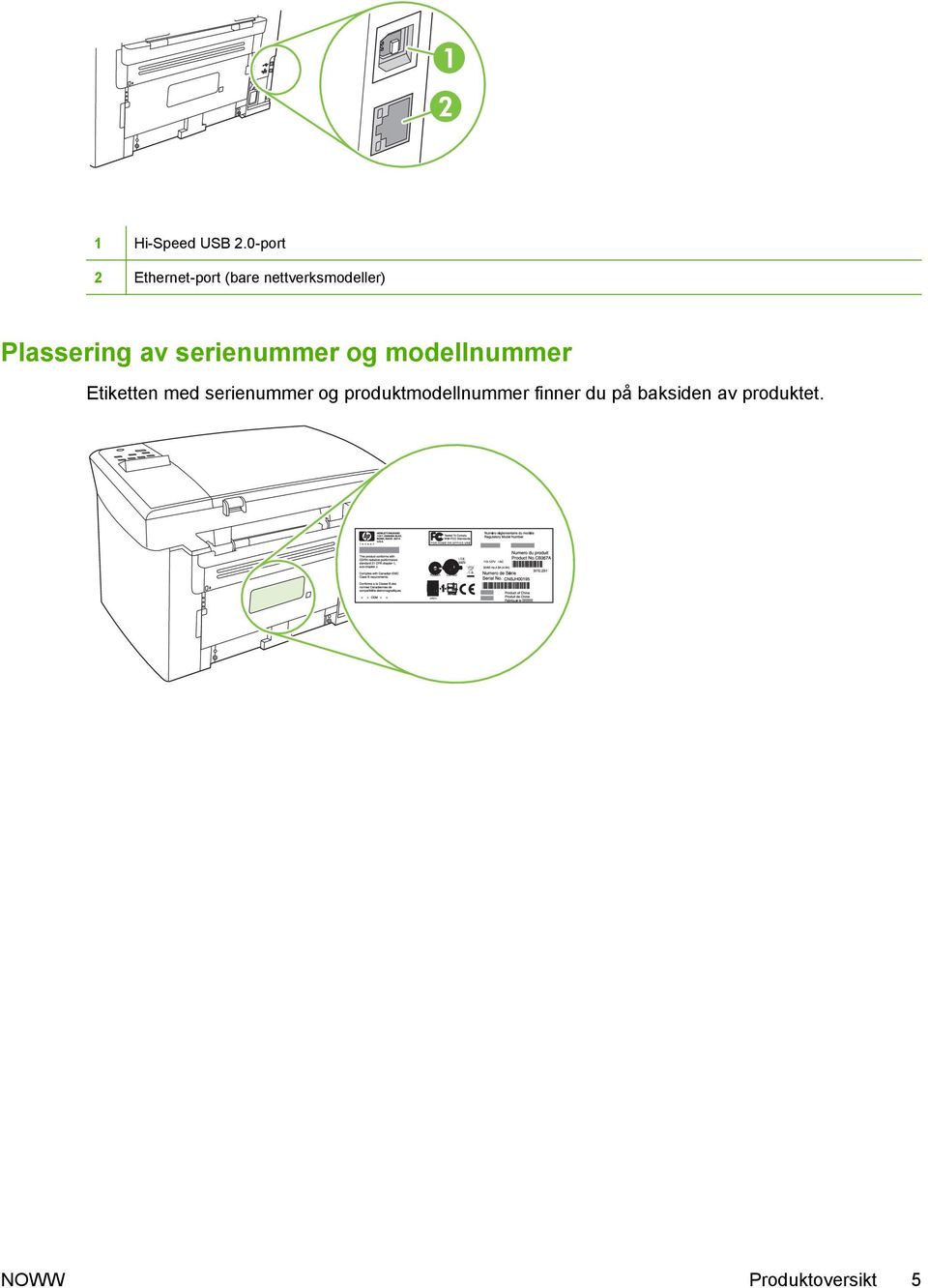 Plassering av serienummer og modellnummer Etiketten