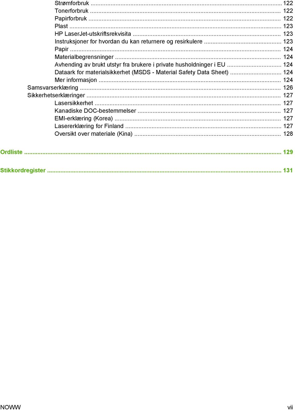 .. 124 Avhending av brukt utstyr fra brukere i private husholdninger i EU... 124 Dataark for materialsikkerhet (MSDS - Material Safety Data Sheet).