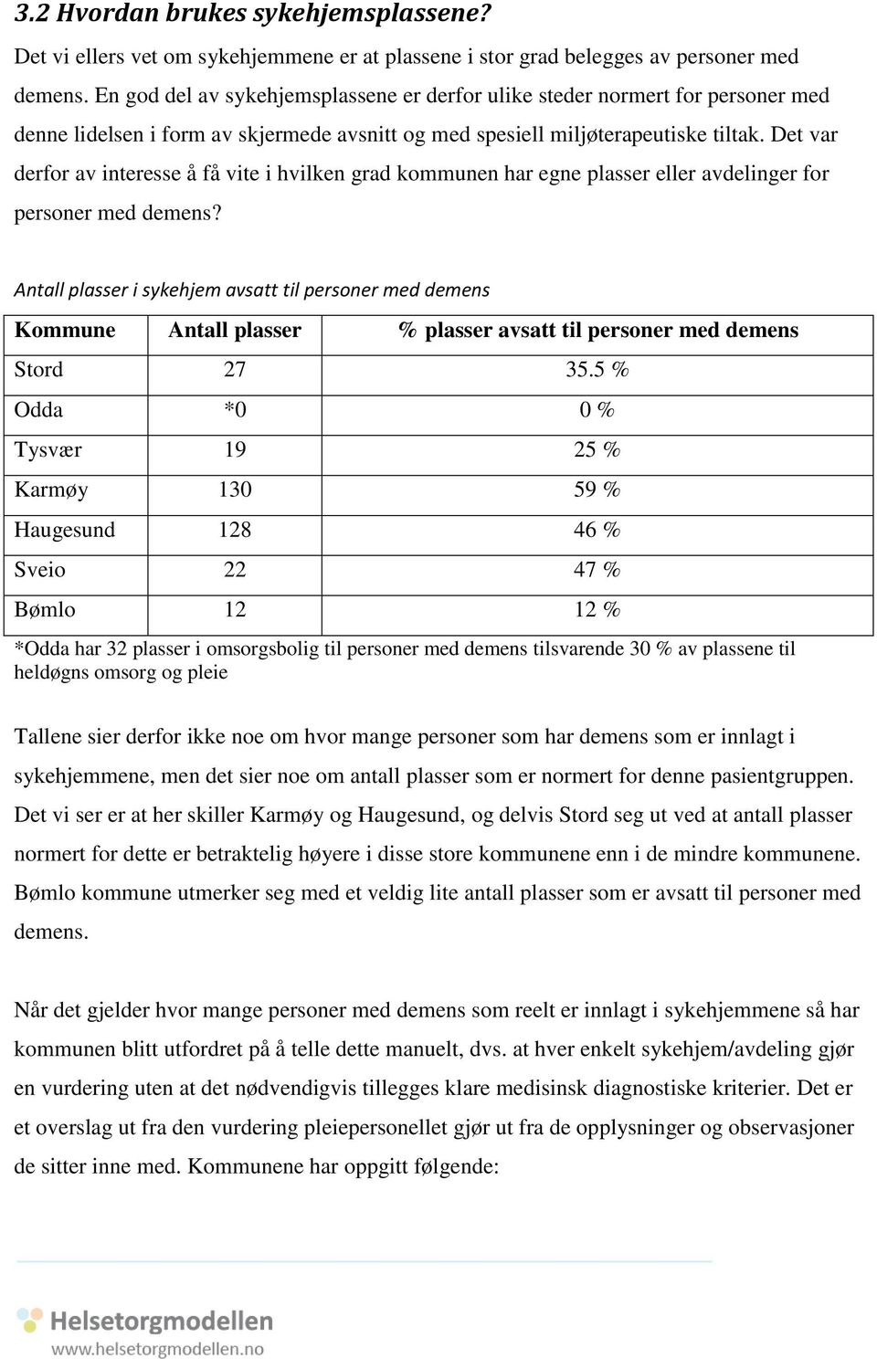 Det var derfor av interesse å få vite i hvilken grad kommunen har egne plasser eller avdelinger for personer med demens?
