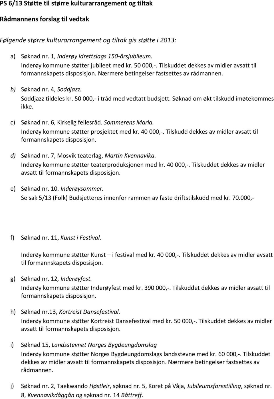 Soddjazz tildeles kr. 50 000,- i tråd med vedtatt budsjett. Søknad om økt tilskudd imøtekommes ikke. c) Søknad nr. 6, Kirkelig fellesråd. Sommerens Maria. Inderøy kommune støtter prosjektet med kr.