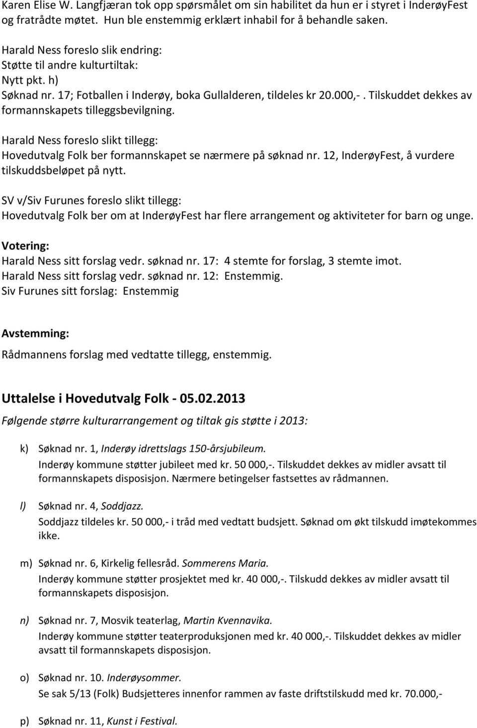 Tilskuddet dekkes av formannskapets tilleggsbevilgning. Harald Ness foreslo slikt tillegg: Hovedutvalg Folk ber formannskapet se nærmere på søknad nr.