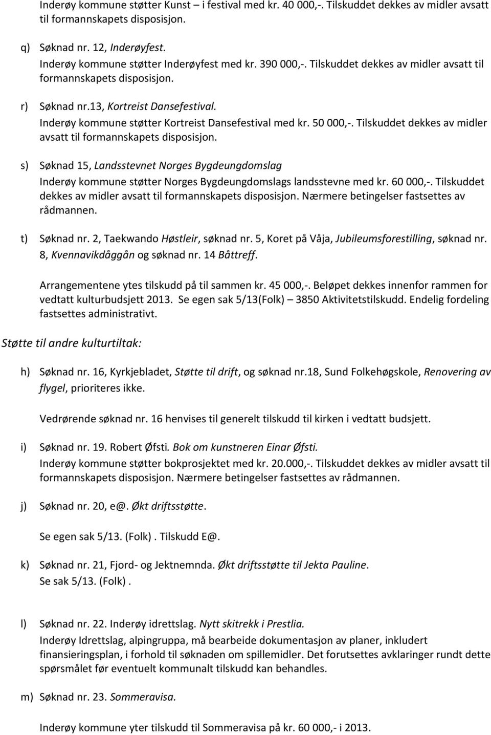 Tilskuddet dekkes av midler avsatt til formannskapets disposisjon. s) Søknad 15, Landsstevnet Norges Bygdeungdomslag Inderøy kommune støtter Norges Bygdeungdomslags landsstevne med kr. 60 000,-.