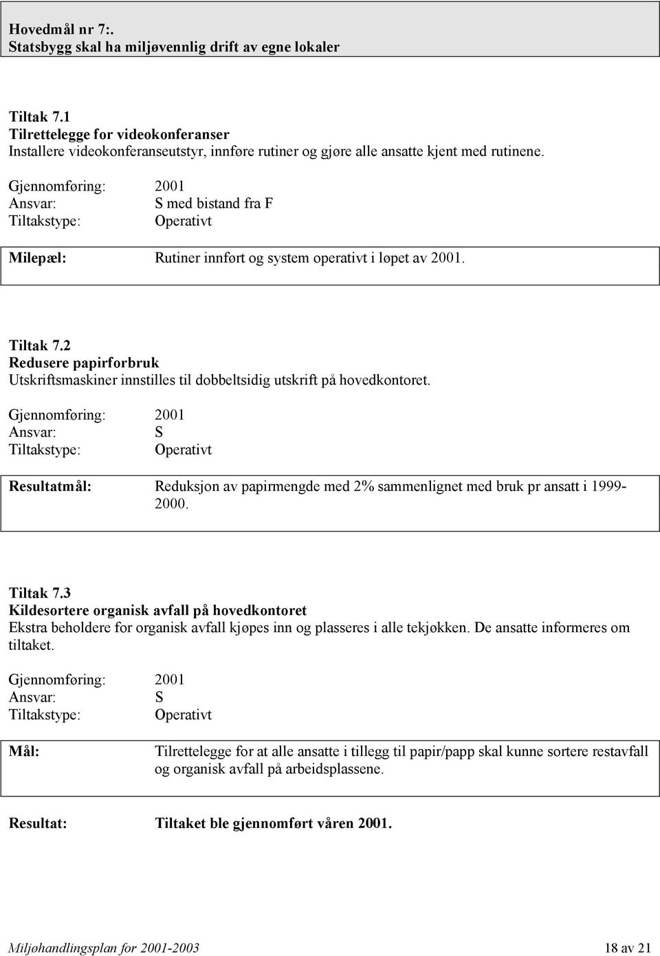Gjennomføring: 2001 S med bistand fra F Tiltakstype: Operativt Milepæl: Rutiner innført og system operativt i løpet av 2001. Tiltak 7.