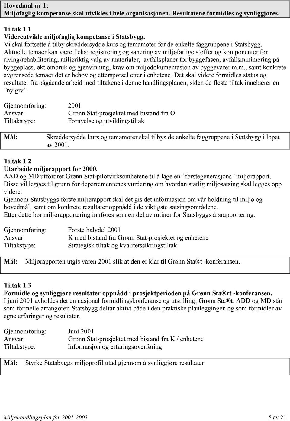 eks: registrering og sanering av miljøfarlige stoffer og komponenter før riving/rehabilitering, miljøriktig valg av materialer, avfallsplaner for byggefasen, avfallsminimering på byggeplass, økt